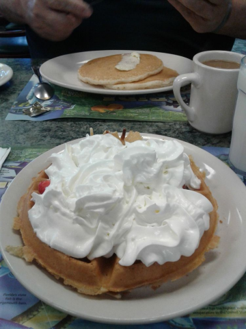 A plate full of waffles and whipped cream