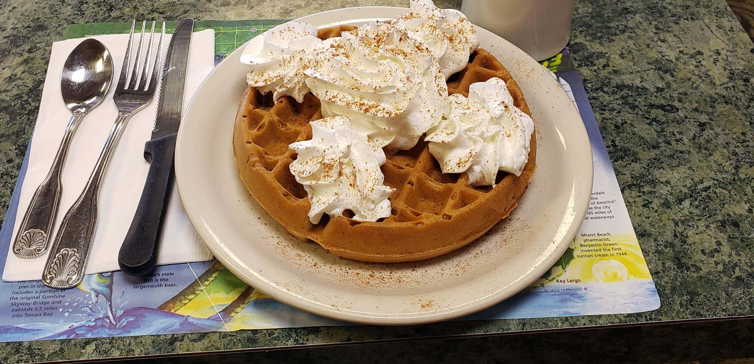 Waffle with whipped cream and cinnamon powder